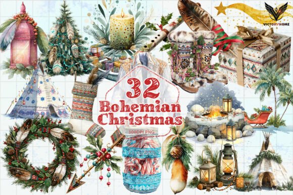 Bohemian Christmas PNG & Illustrations