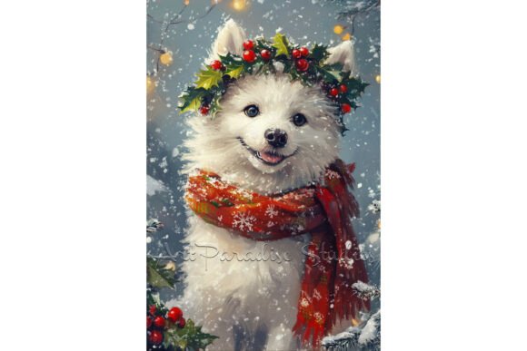 Christmas American Eskimo Holly Dog Art: Festive Illustrations