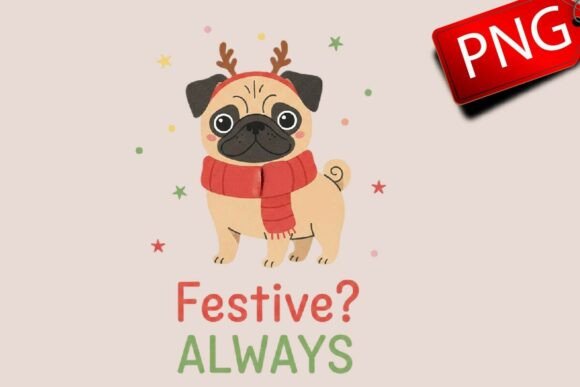 Christmas Dog Pug Hand-Drawn PNG & Illustrations