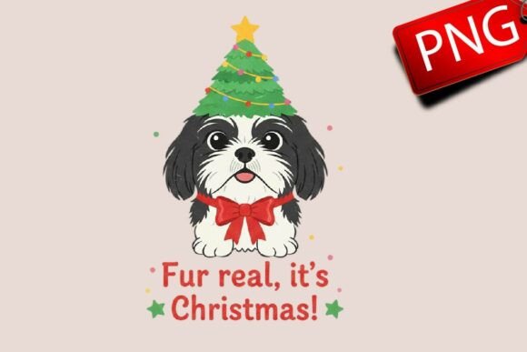 Christmas Dog Shih Tzu Hand-Drawn PNG & Illustrations