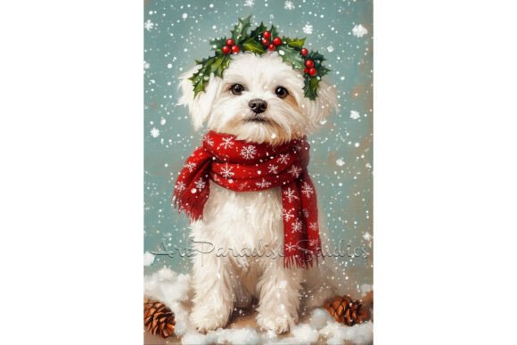 Christmas Maltese Dog Winter Holiday Art & Illustrations