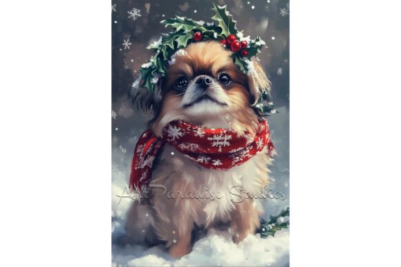 Christmas Pekingese Cozy Winter Dog Art Illustrations