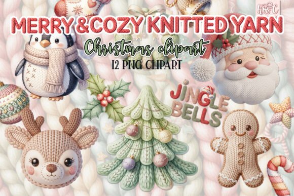 Cozy Merry Christmas Yarn Clipart Illustrations