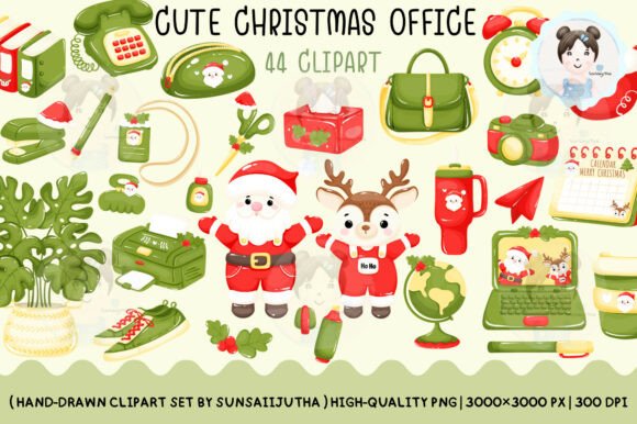 Cute Christmas Office Clipart Set Illustrations