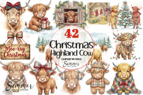 Festive Highland Cow Christmas Clipart & Illustrations
