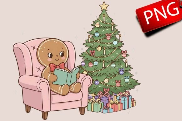 Gingerbread Reading Books Christmas PNG & Illustrations