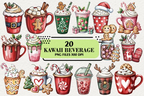 Kawaii Christmas Beverage Clipart Bundle Illustrations