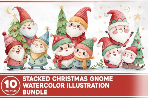 Stacked Christmas Gnome Watercolor Illustrations