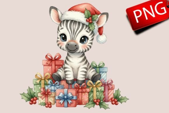 Watercolor Christmas Zebra Clipart & Illustrations