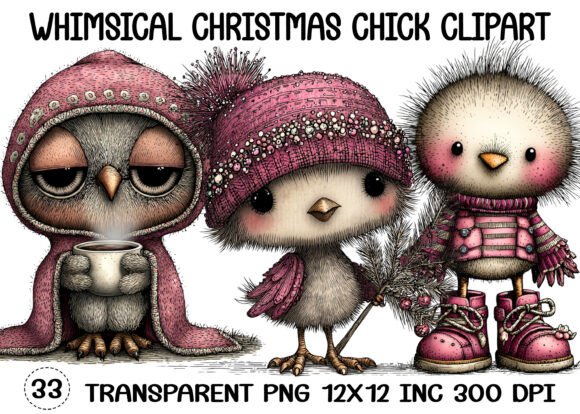 Whimsical Christmas Chick Clipart & Illustrations